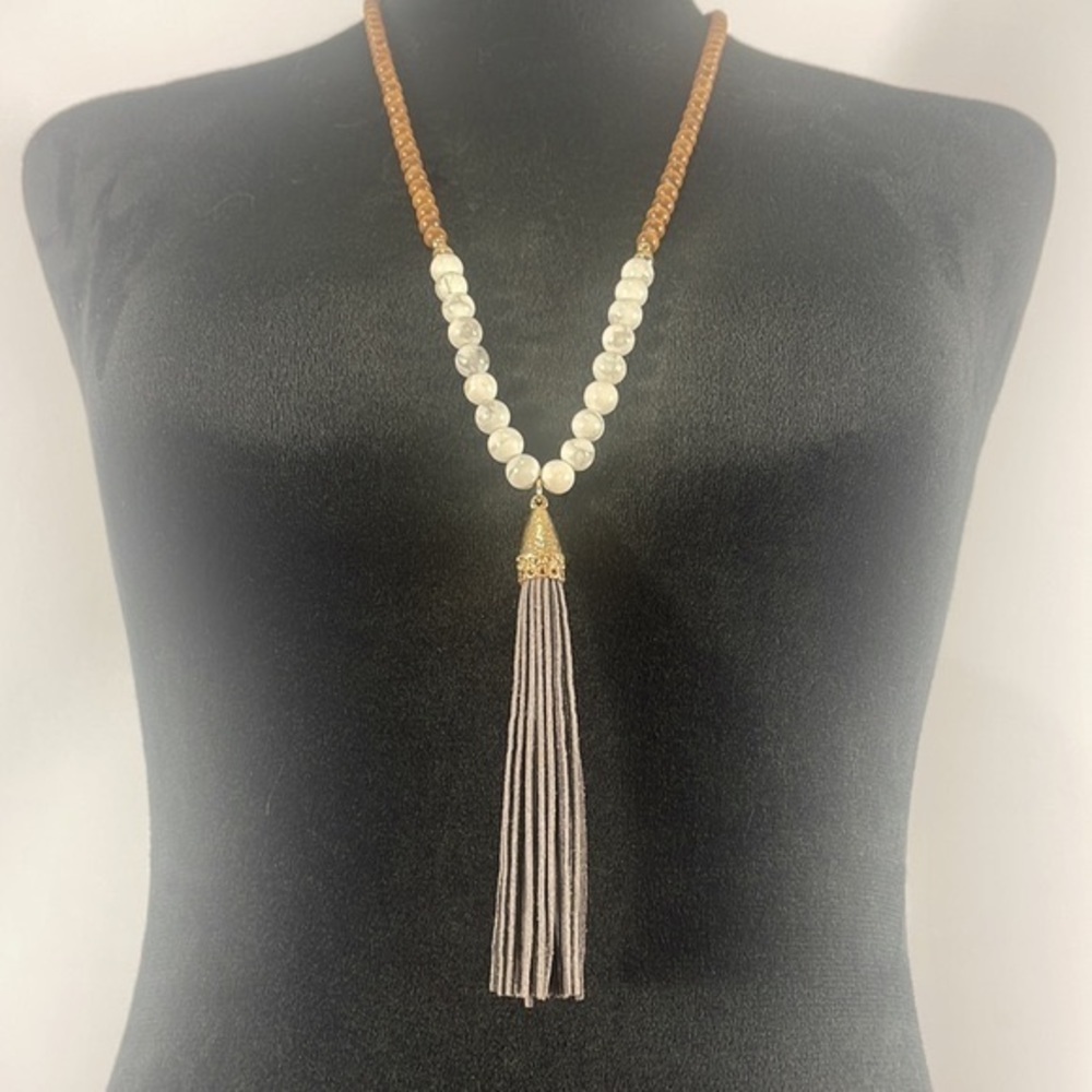 BCBG Long Tassel White,Grey Howlite & Wood, Necklace,Gold,Grey Suede Tassel,Boho - Picture 8 of 8